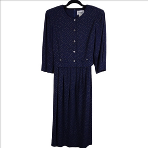 Periwinkle Vintage Navy Patterned Scoop Neck Long Sleeve Zip Back Midi Dress